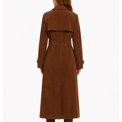 Brown trench coat worn by a person on a white background