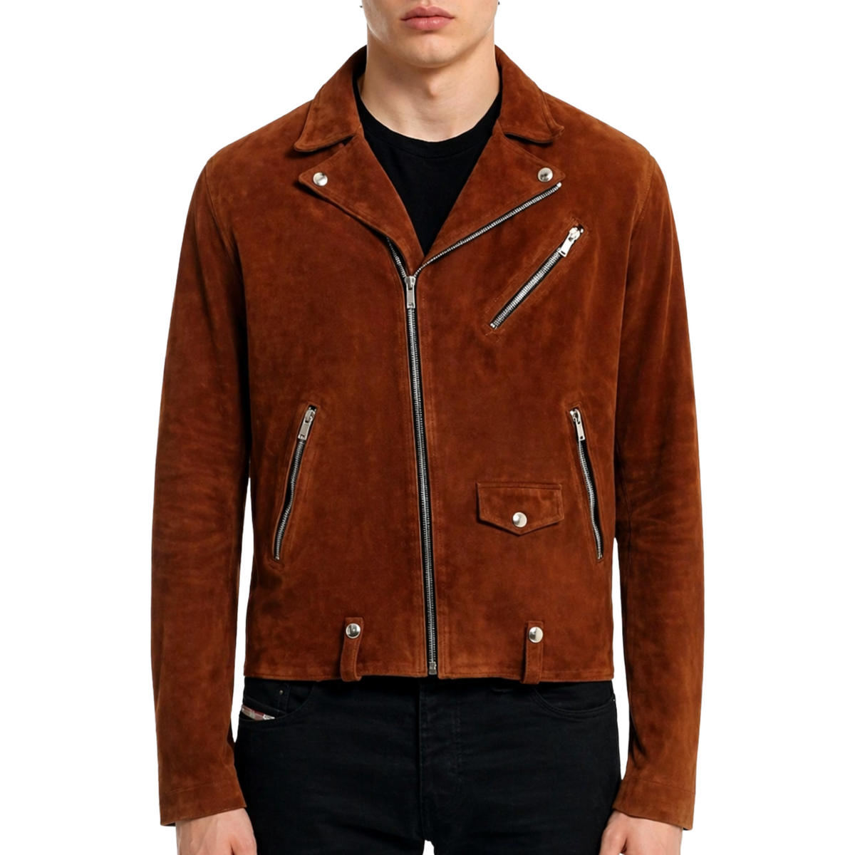 Mens Designer Suede Biker Brown Leather Jacket