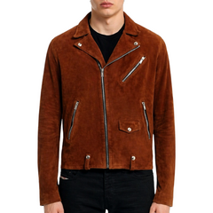 Mens Designer Suede Biker Brown Leather Jacket