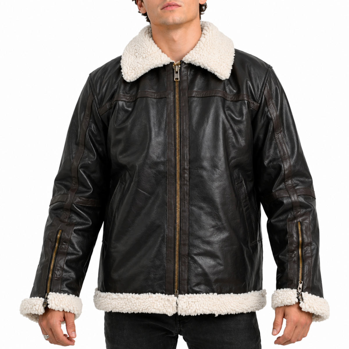 Mens Shearling Fur Bomber RAF Brown Genuine Leather Jacket