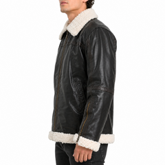 Mens Shearling Fur Bomber RAF Brown Genuine Leather Jacket