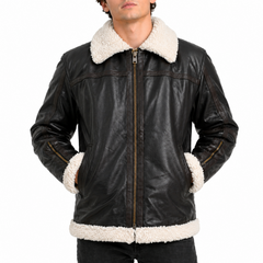 Mens Shearling Fur Bomber RAF Brown Genuine Leather Jacket
