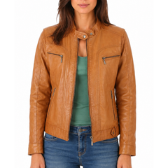 Women's Camel Genuine Lambskin Café Racer Leather Jacket