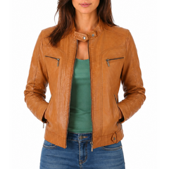 Women's Camel Genuine Lambskin Café Racer Leather Jacket