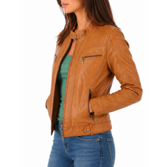 Women's Camel Genuine Lambskin Café Racer Leather Jacket