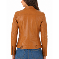 Women's Camel Genuine Lambskin Café Racer Leather Jacket