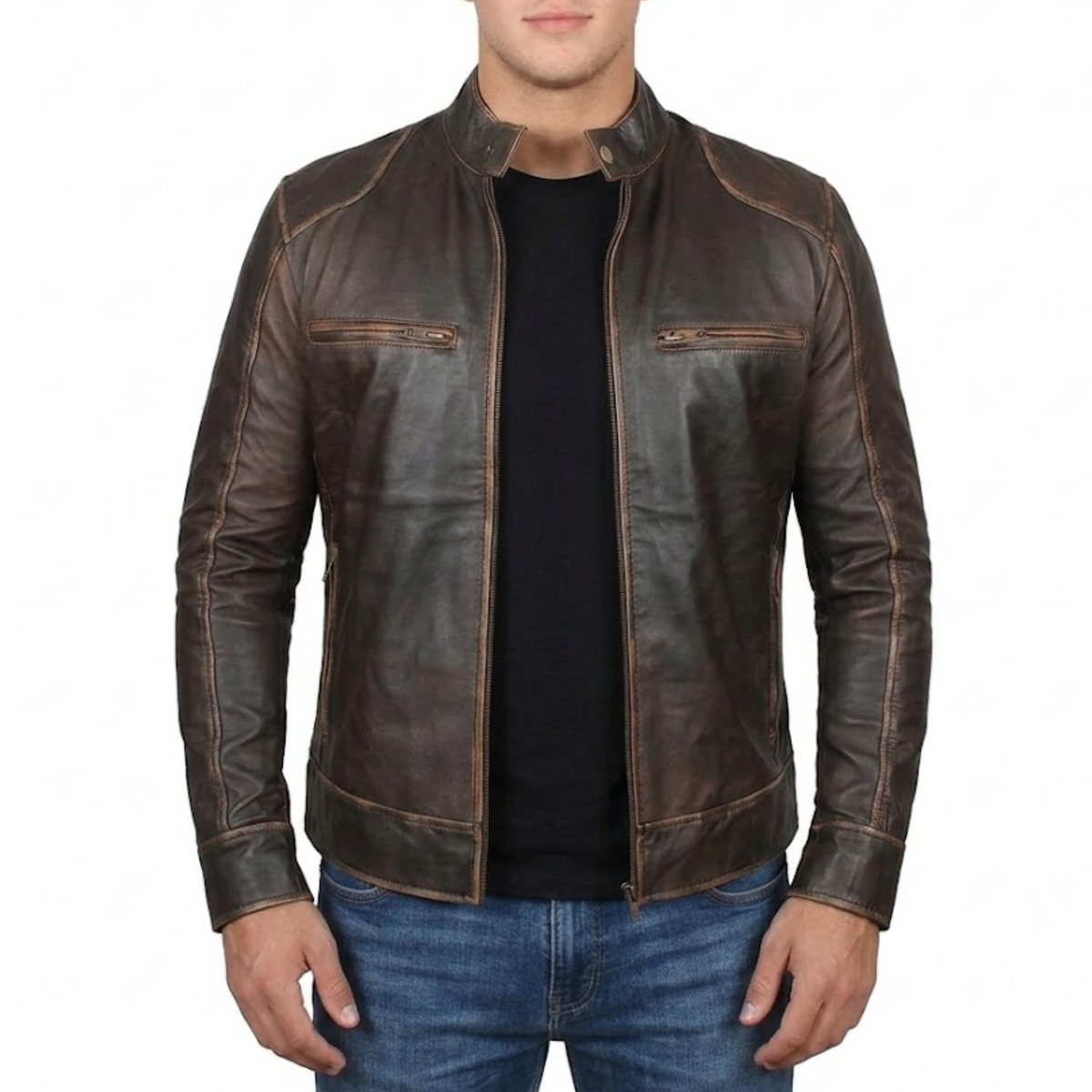 Men's Cafe Racer Vintage Brown Leather Jacket
