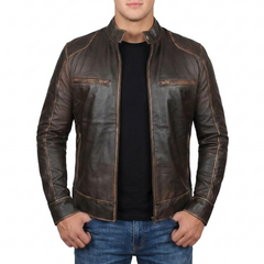 Men's Cafe Racer Vintage Brown Leather Jacket
