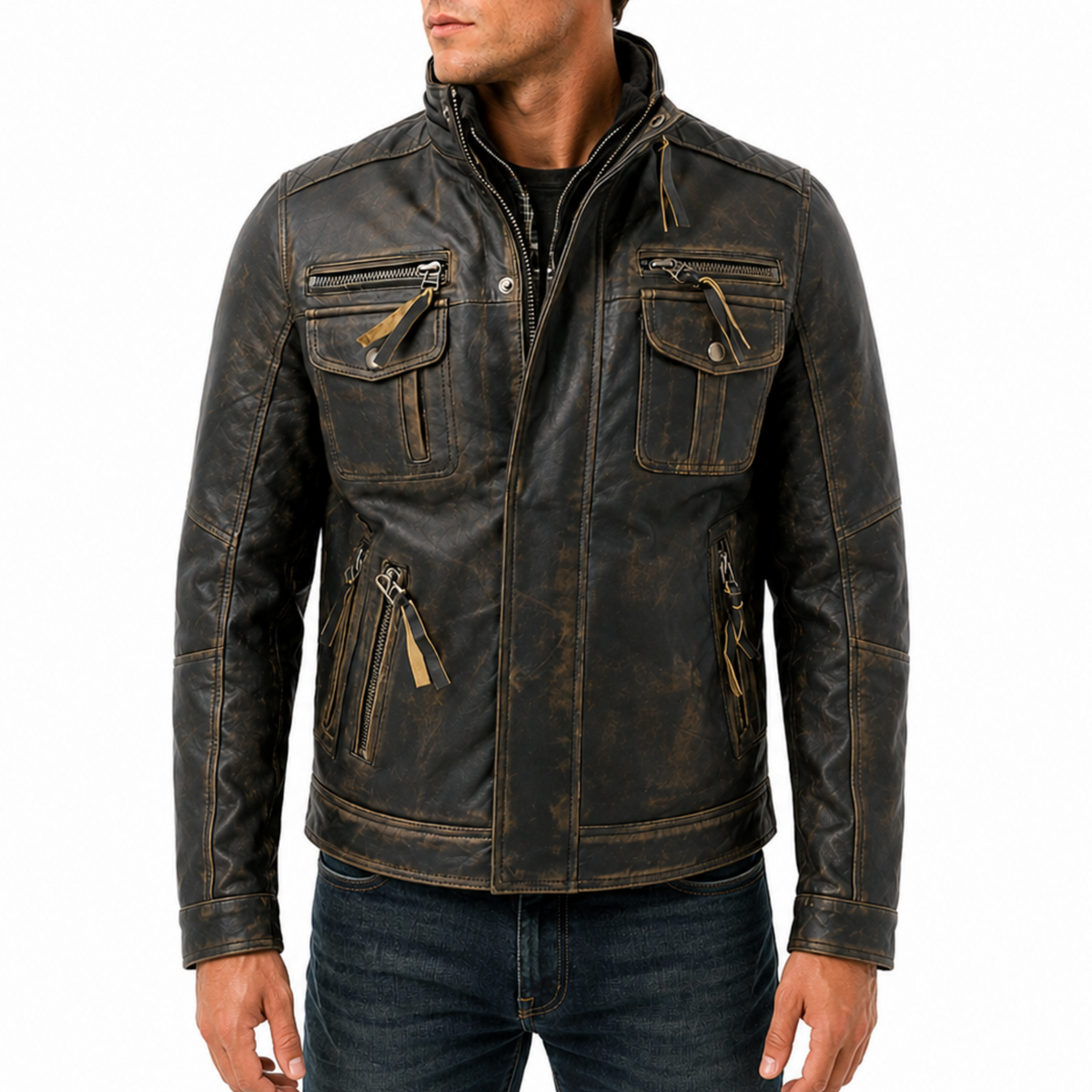 Men's Black Vintage Leather Biker Jacket