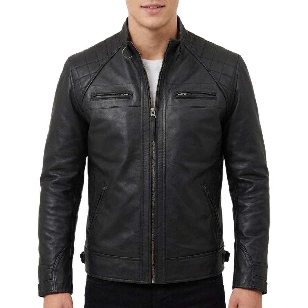 Men’s Black Leather Diamond Quilted Shoulder Motorcycle Rider Jacket
