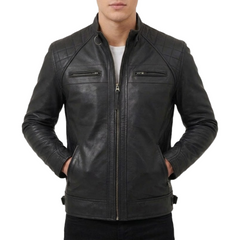 Men’s Black Leather Diamond Quilted Shoulder Motorcycle Rider Jacket