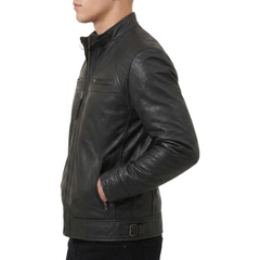 Men’s Black Leather Diamond Quilted Shoulder Motorcycle Rider Jacket