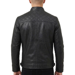 Men’s Black Leather Diamond Quilted Shoulder Motorcycle Rider Jacket