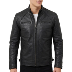 Men’s Black Leather Diamond Quilted Shoulder Motorcycle Rider Jacket