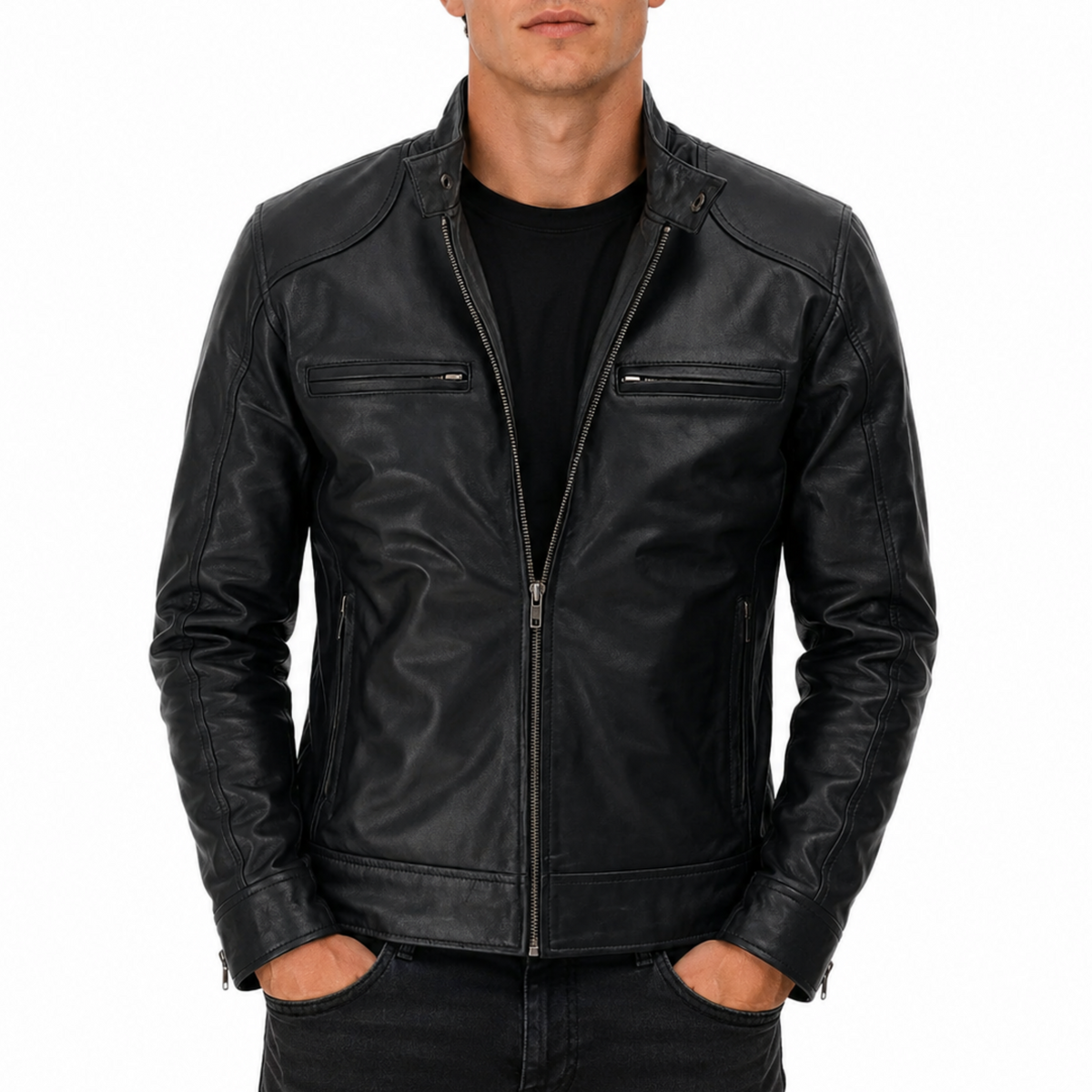 Men’s Black Sheepskin Leather Cafe Racer Style Moto Jacket