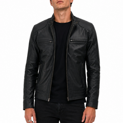 Men’s Black Sheepskin Leather Cafe Racer Style Moto Jacket