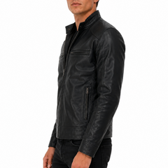 Men’s Black Sheepskin Leather Cafe Racer Style Moto Jacket