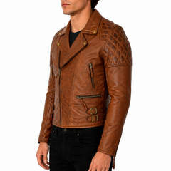 Men's Vintage Brown Leather Quilted Biker Motorcycle Jacket