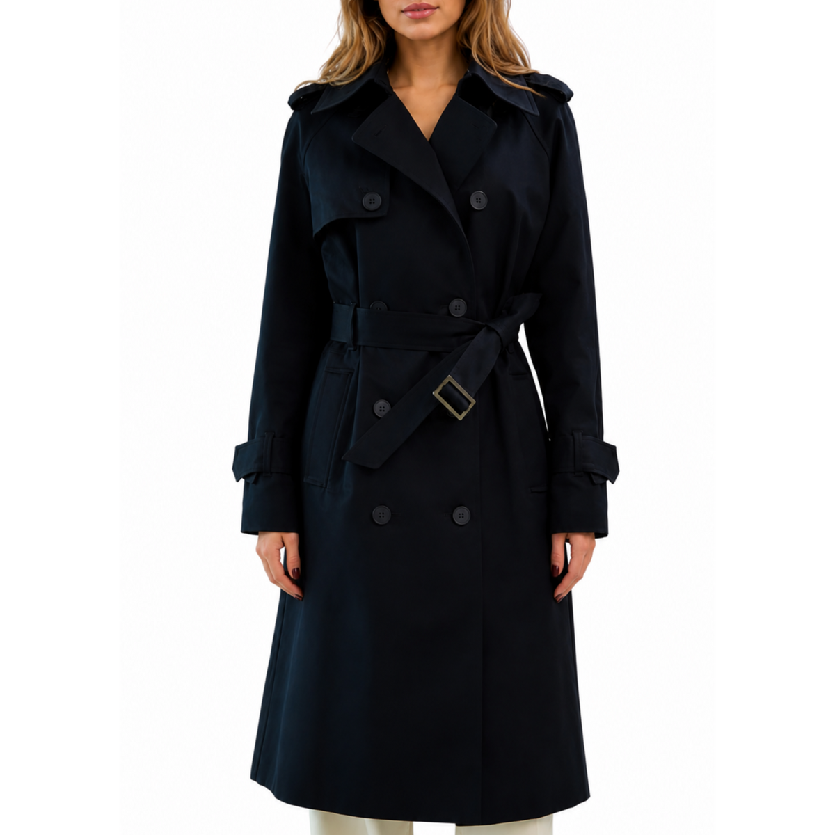 Women's Navy Blue Double Breasted Style Cotton Overcoat