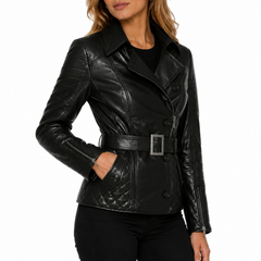 Women's Black Sheepskin Leather Quilted Biker Motorcycle Jacket