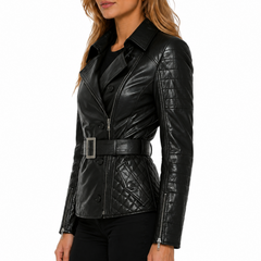 Women's Black Sheepskin Leather Quilted Biker Motorcycle Jacket