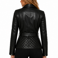Women's Black Sheepskin Leather Quilted Biker Motorcycle Jacket