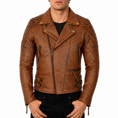 Men's Vintage Brown Leather Quilted Biker Motorcycle Jacket