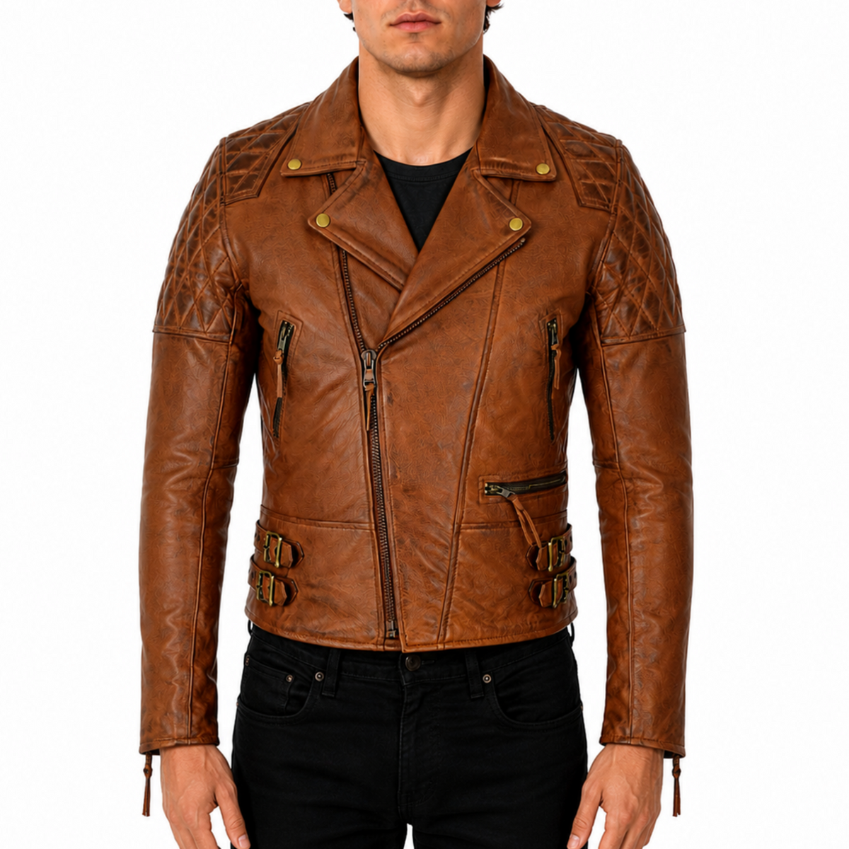 Men's Vintage Brown Leather Quilted Biker Motorcycle Jacket