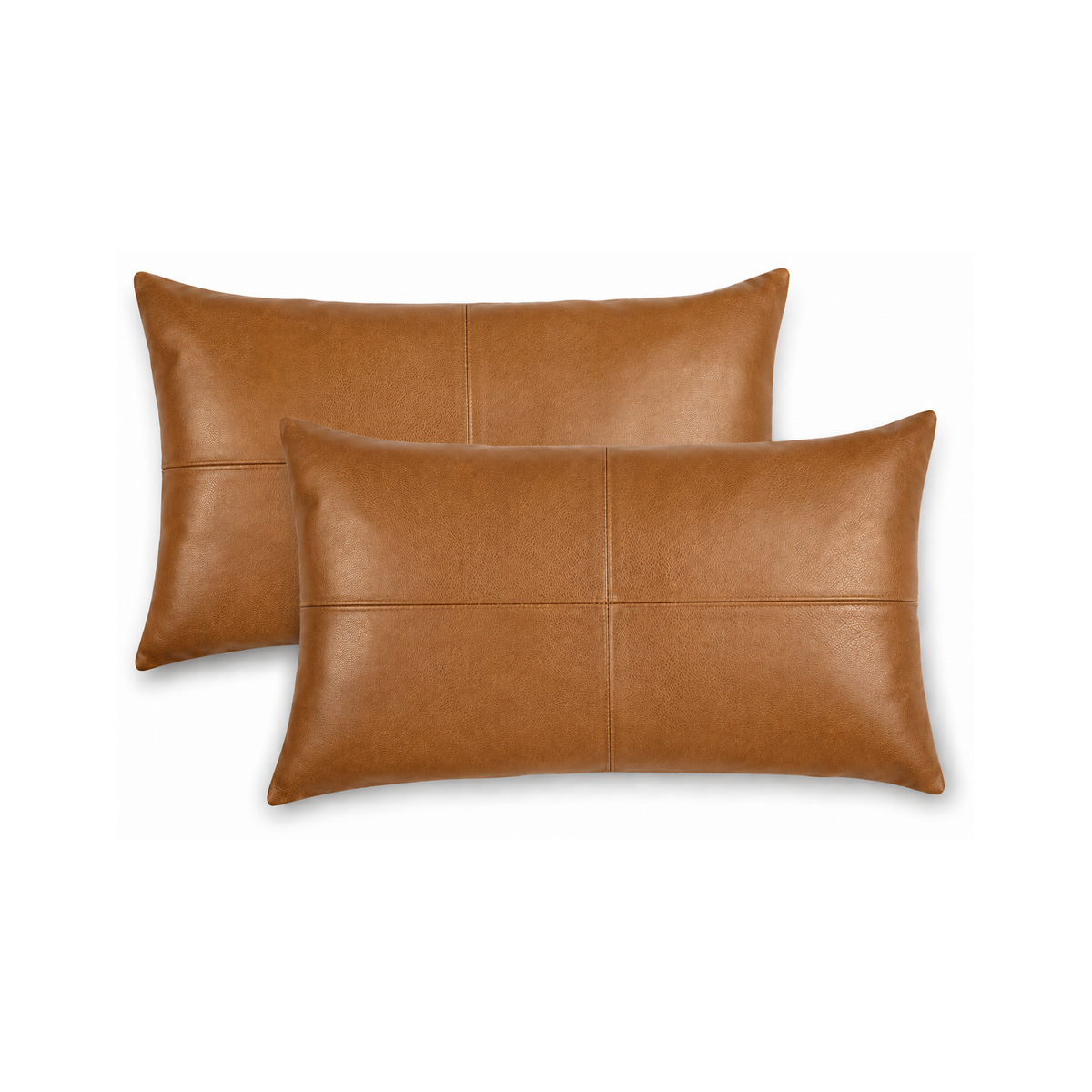 Two brown leather pillows on a white background