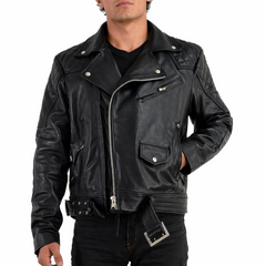 Mens Quilted Side Lace up Leather Biker Jacket