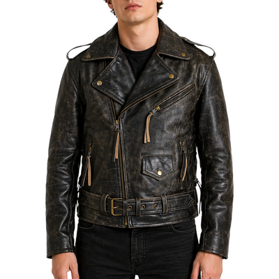 Side Lace-up Vintage Distress Motorcycle Biker Leather Jacket (CL