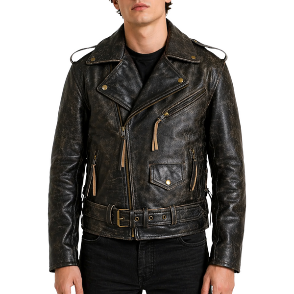 Side Lace-up Vintage Distress Motorcycle Biker Leather Jacket (CL