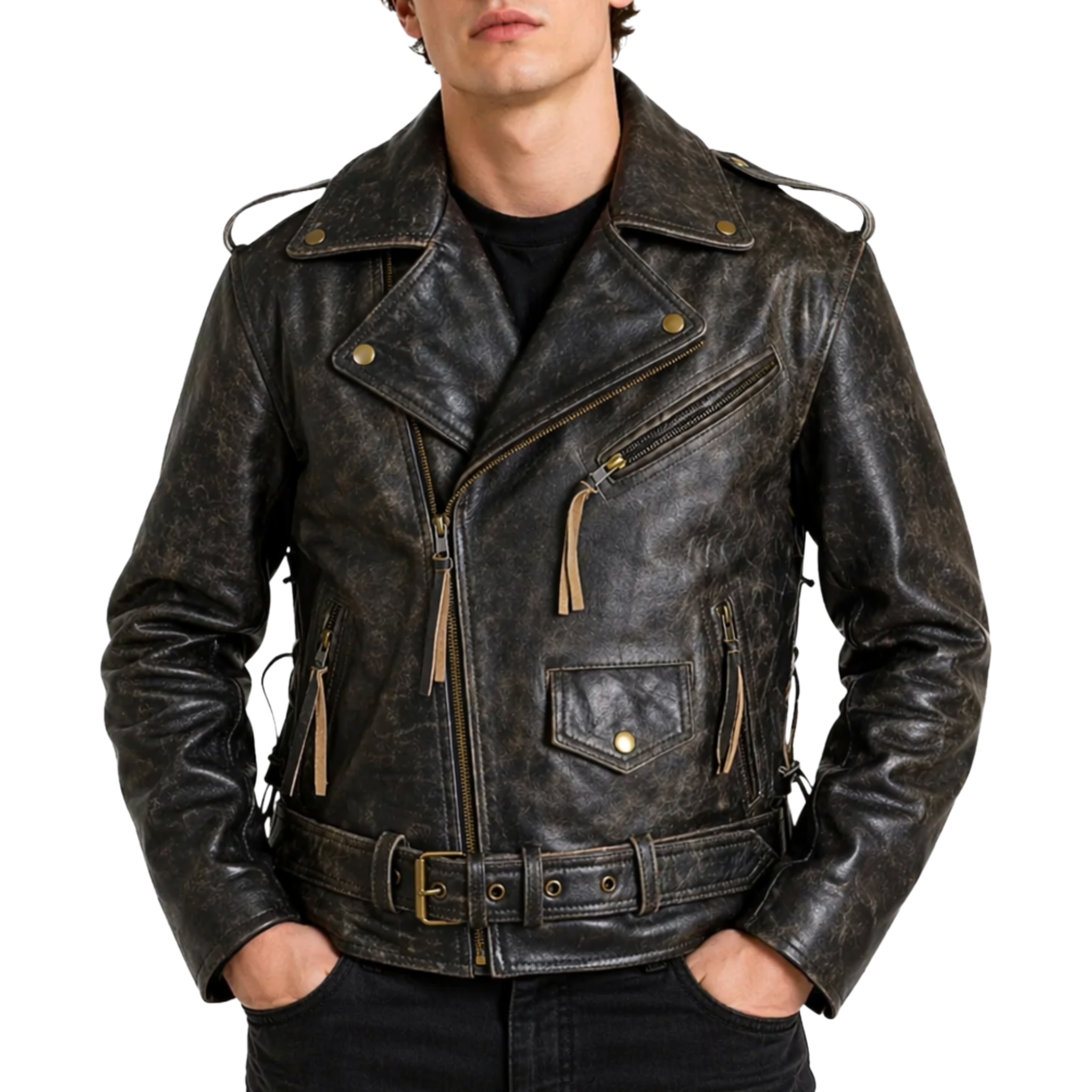 Side Lace-up Vintage Distress Motorcycle Biker Leather Jacket (CL
