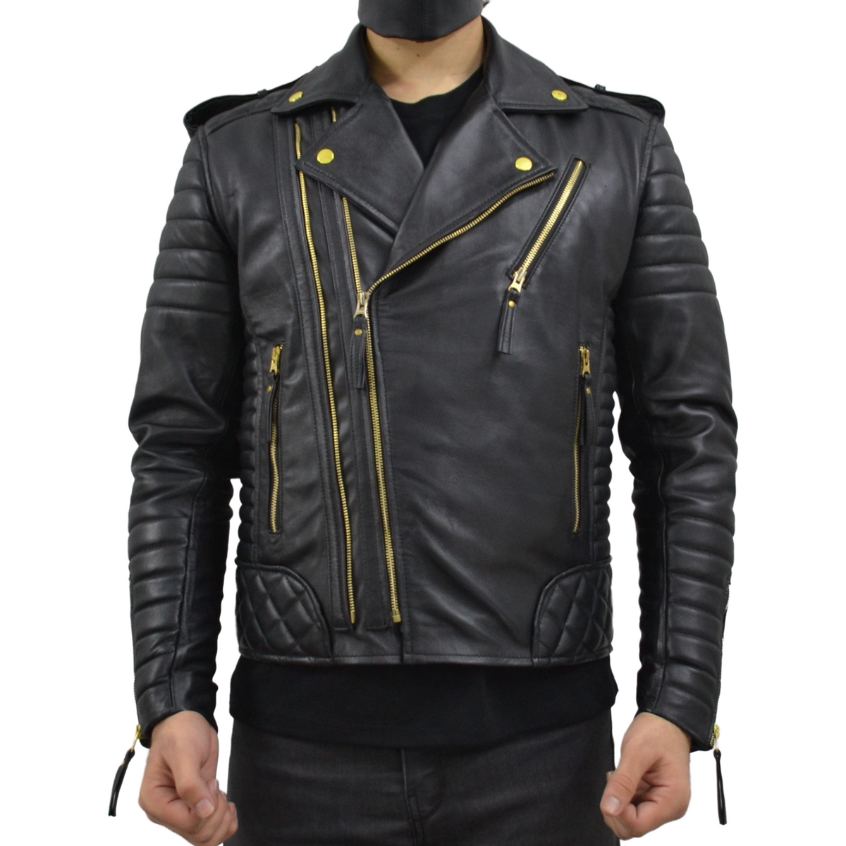 Men's Brando Black Golden Hardware Quilted Padded Genuine Leather