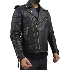 Men's Brando Black Golden Hardware Quilted Padded Genuine Leather Biker Jacket