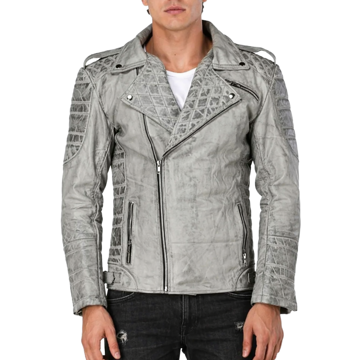 Mens Designer Grey Vintage Biker Leather Jacket Mans