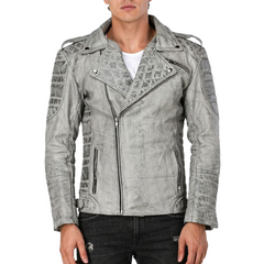 Mens Designer Grey Vintage Biker Leather Jacket Mans