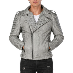 Mens Designer Grey Vintage Biker Leather Jacket Mans