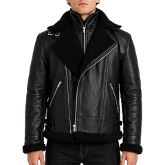 Men's Black Fur Collar Motorcycle Bomber Biker Genuine Leather Jacket