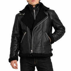 Men's Black Fur Collar Motorcycle Bomber Biker Genuine Leather Jacket