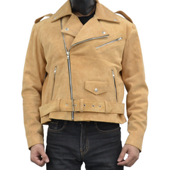 Men's Beige Motorcycle Belted Real Suede Leather Biker Jacket