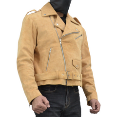 Men's Beige Motorcycle Belted Real Suede Leather Biker Jacket