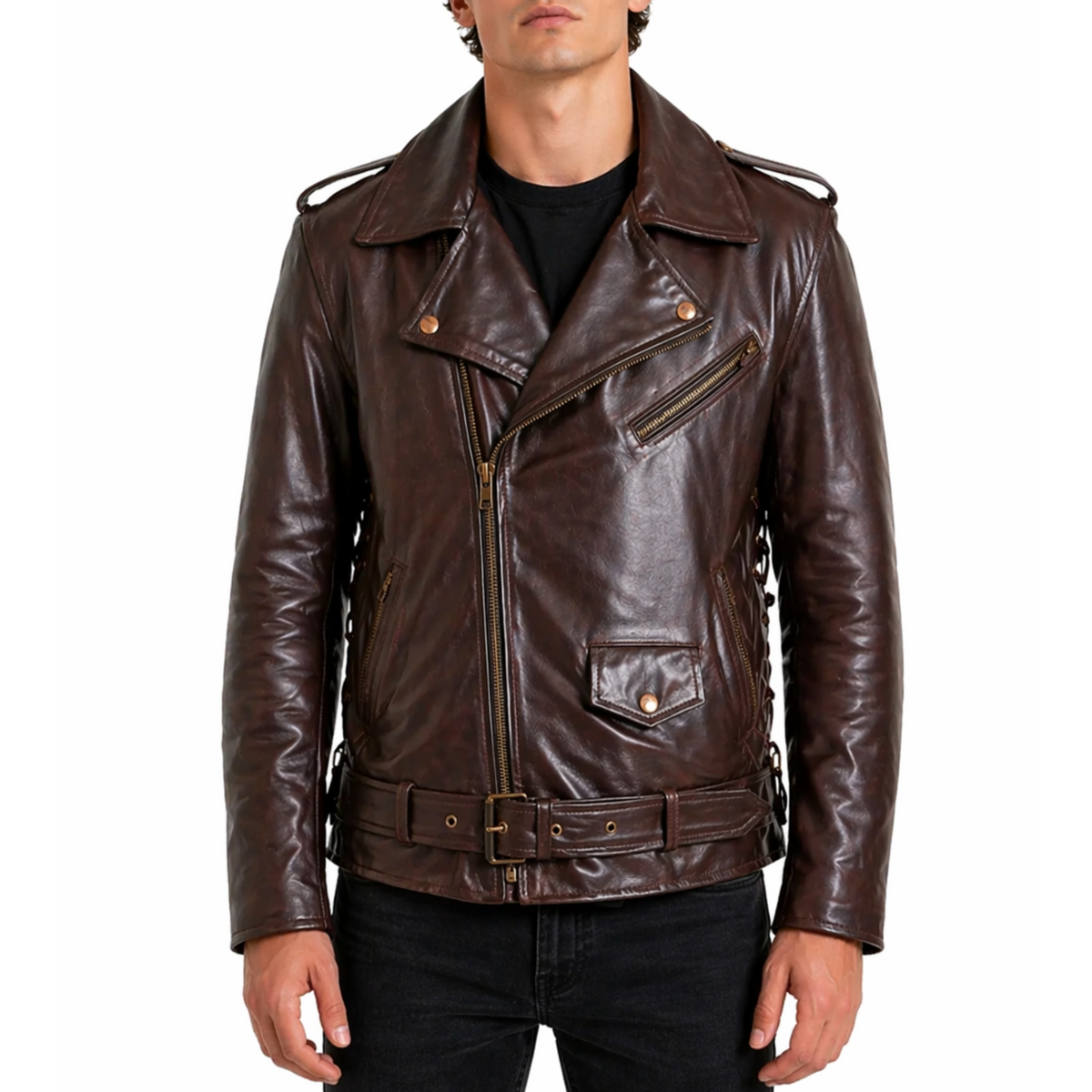 Side Lace-up Brown Motorcycle Biker Leather Jacket