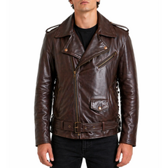 Side Lace-up Brown Motorcycle Biker Leather Jacket