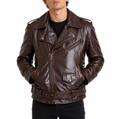 Side Lace-up Brown Motorcycle Biker Leather Jacket