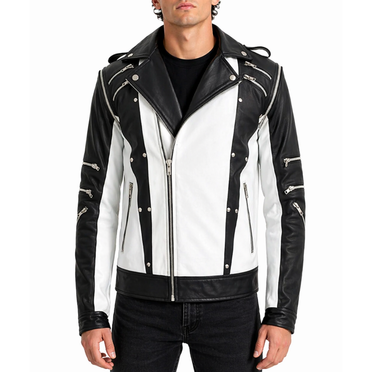 White And Black Blended Designer Mens Leather Jacket