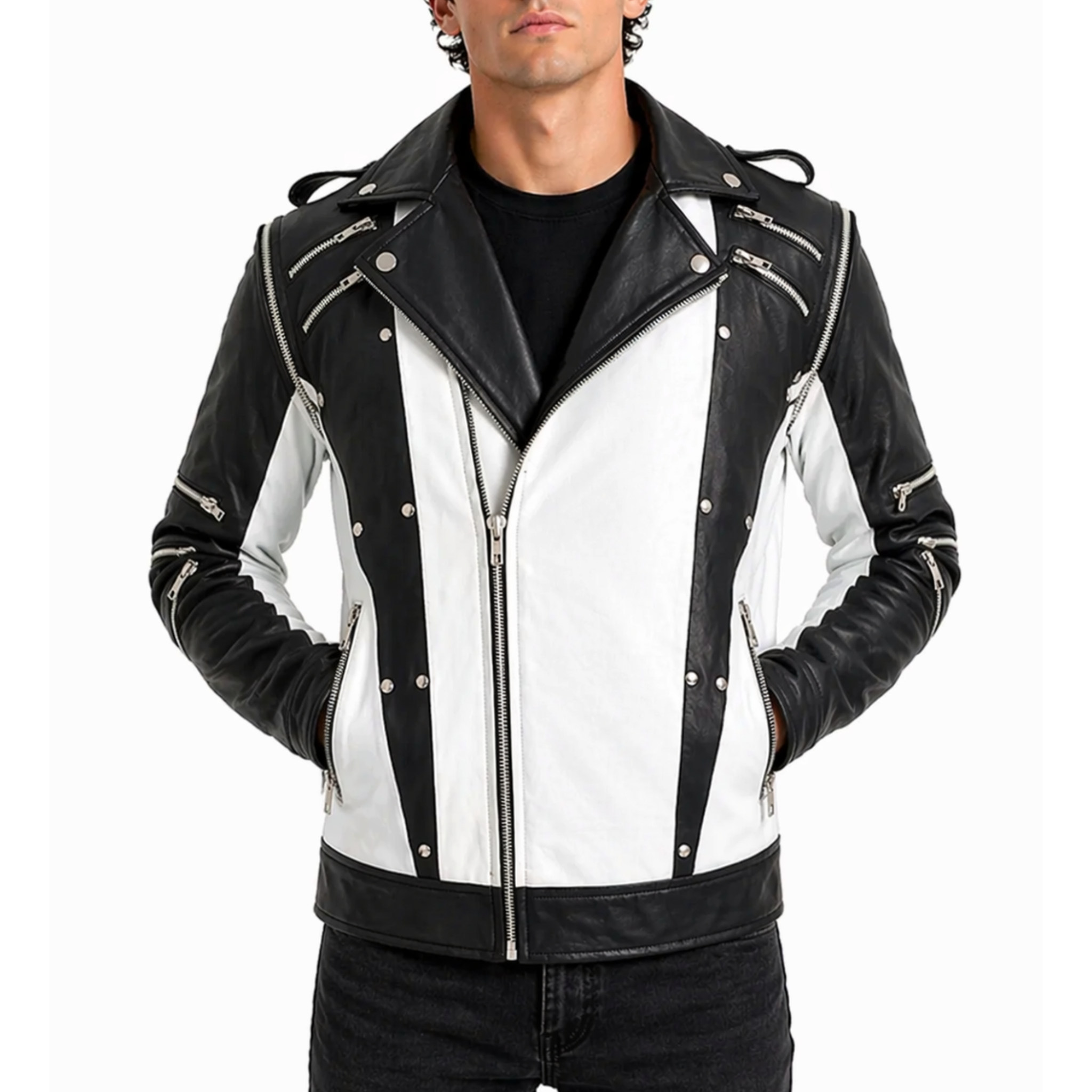 White And Black Blended Designer Mens Leather Jacket – South Beach White And Black Blended Designer Mens Leather Jacket – South Beach