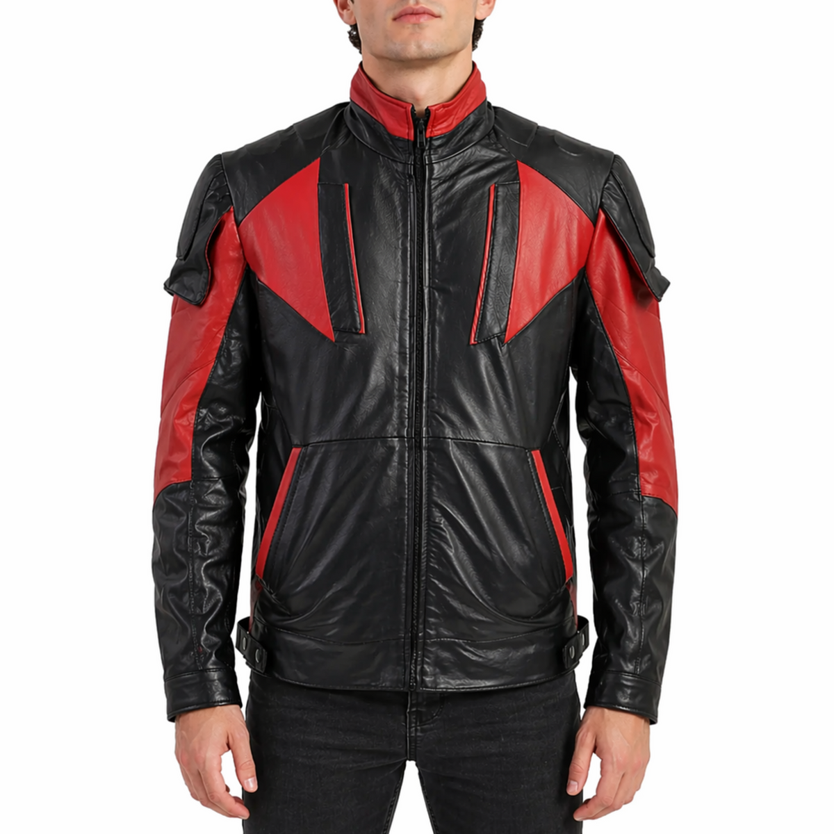 Men's Red And Black Real Leather Biker Jacket