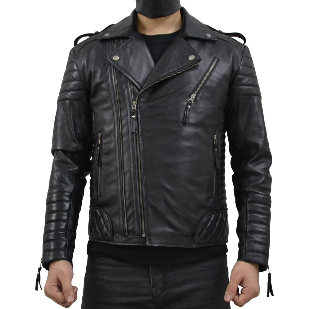 Men's Brando Black Gun Metal Quilted Padded Genuine Leather Biker Jacket