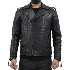 Men's Brando Black Gun Metal Quilted Padded Genuine Leather Biker Jacket
